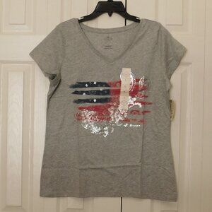 ST. JOHN’S BAY Gray Flag Tee Paisley V-neck Short Sleeve Lightweight Womens L
